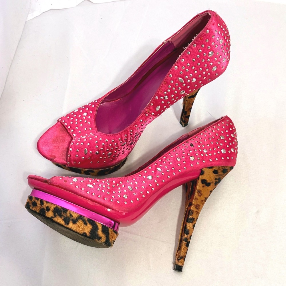 Stunning Celeste Hot Pink Rhinestone Leopard Peep Toe Platform Stiletto Heels